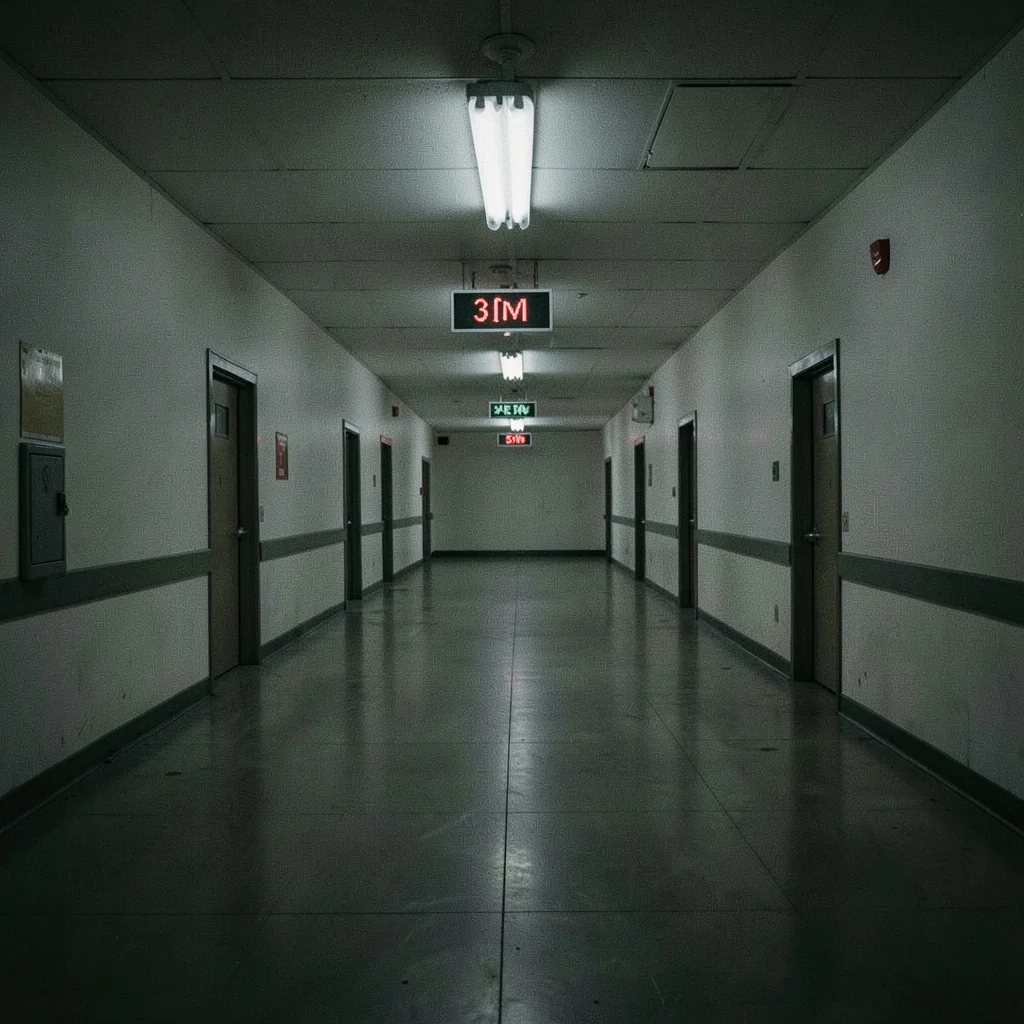 Empty shopping mall service corridor at 3am with exit signs
