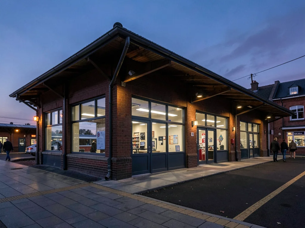 Train station exterior twilight