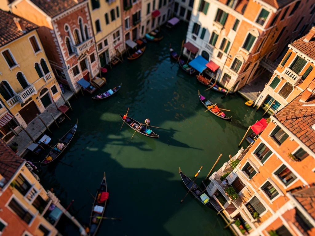 Venice canals from drone view, tilt-shift, gondolas like bath toys, miniature bu
