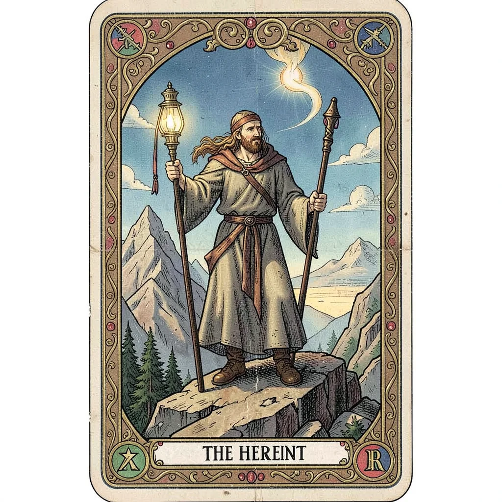 Tarot card illustration, The Hermit on mountain peak, lantern raised, staff in h
