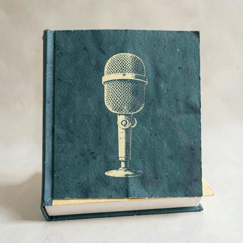 Two-color riso cover of a paper microphone above a paper book, deep teal on butt