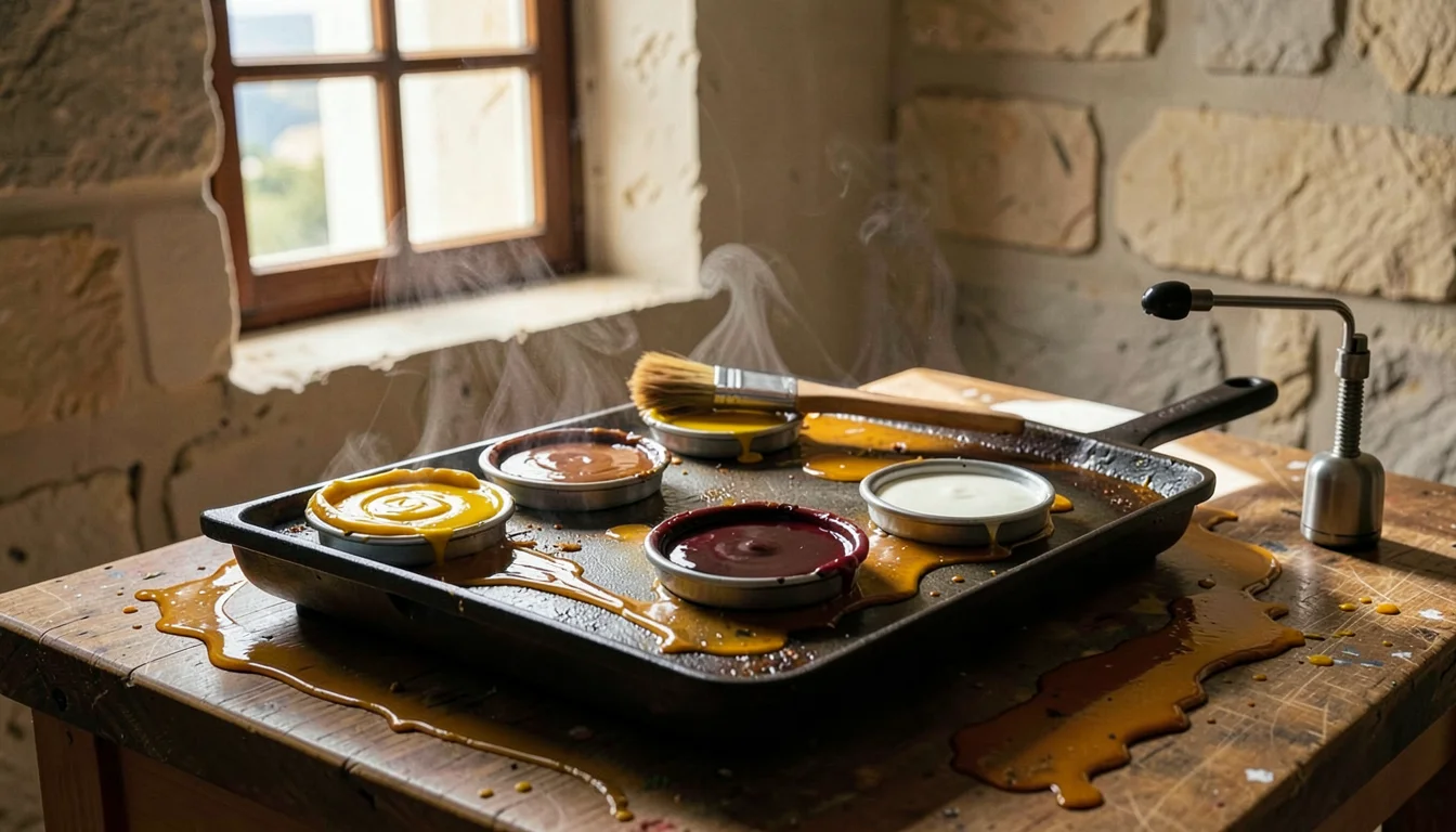Warm encaustic painting studio on a Greek island, intimate and close, Mediterran