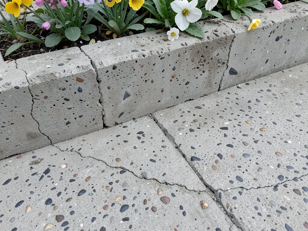 Brutalist concrete planter overflowing with spring flowers, contrast of hard and