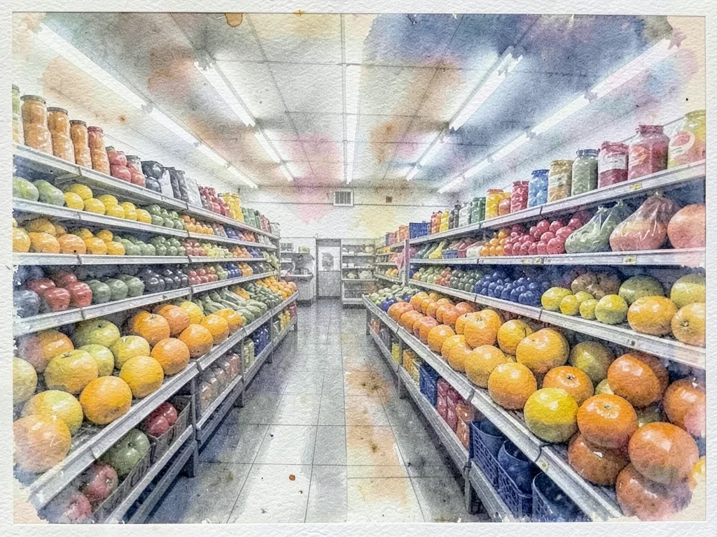 Grocery store produce section, fluorescent lights over stacked oranges, imperfec