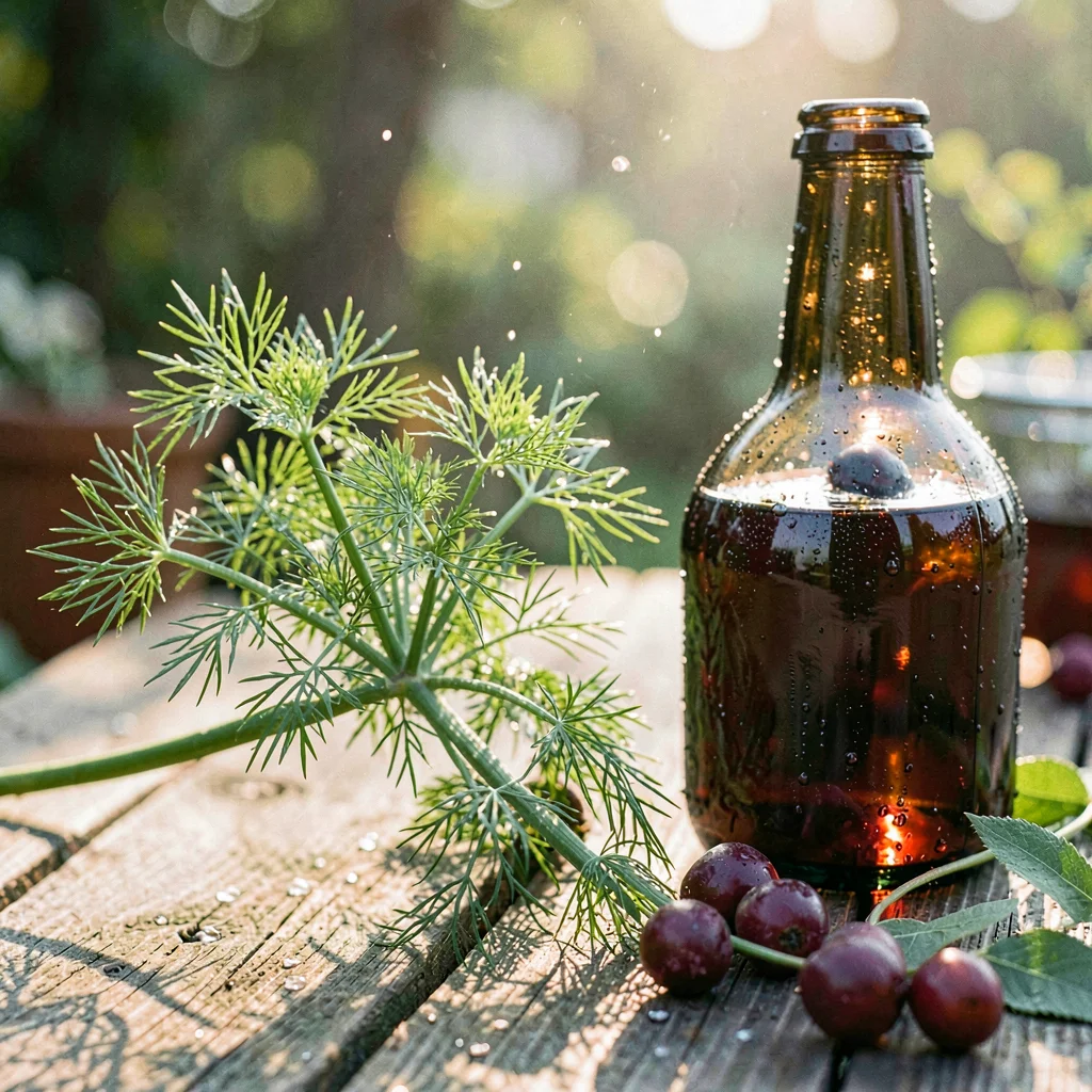 Close study of a sprig of fresh fennel and elderberry beside a pouring bottle, d