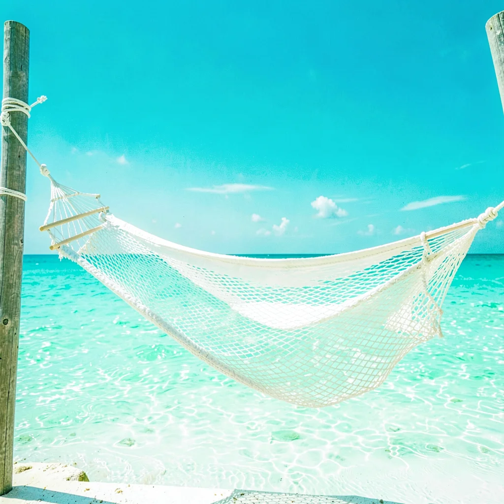 Expansive turquoise negative space, bleached whites, A hammock strung between tw