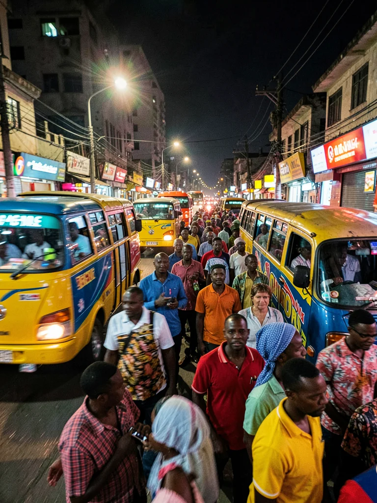 Kinetic Nairobi street energy, panned motion blur with sharp details, Evening qu
