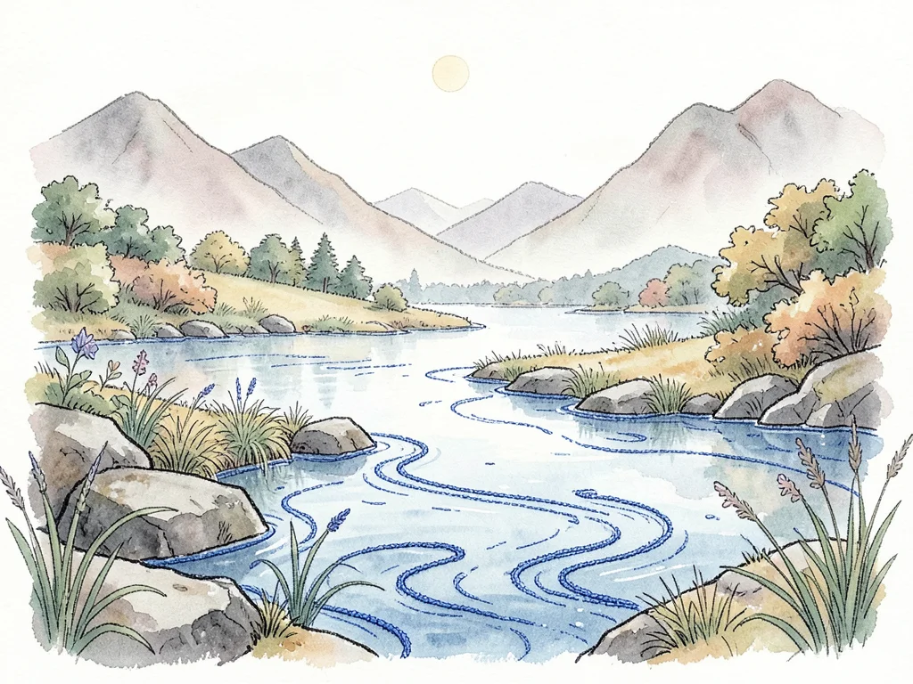 Landscape where water is embroidered in blue thread, everything else is photogra