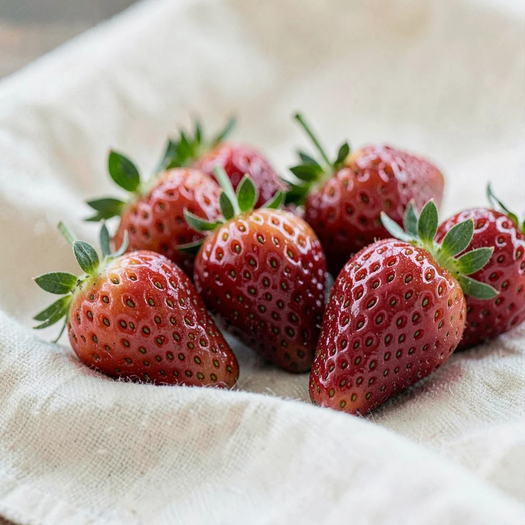 Macro of fresh strawberries spilling onto cream linen