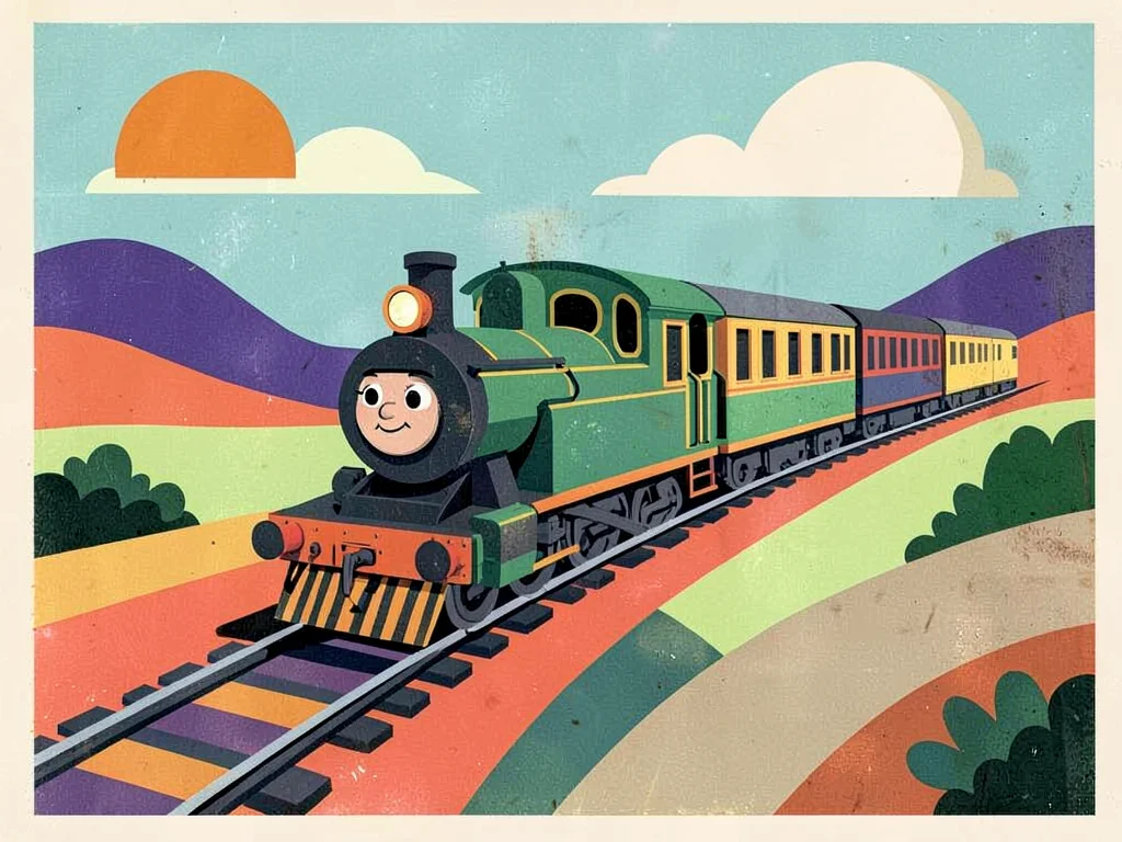 Retro train through colorful landscape