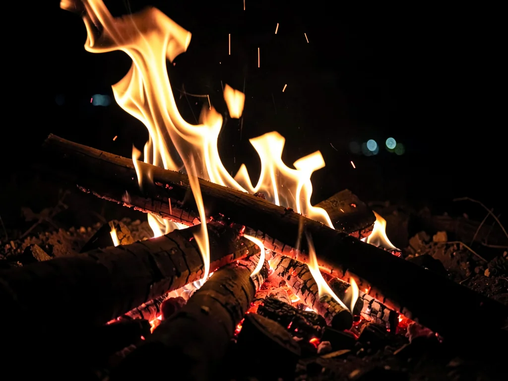 Fire at night with no other light
