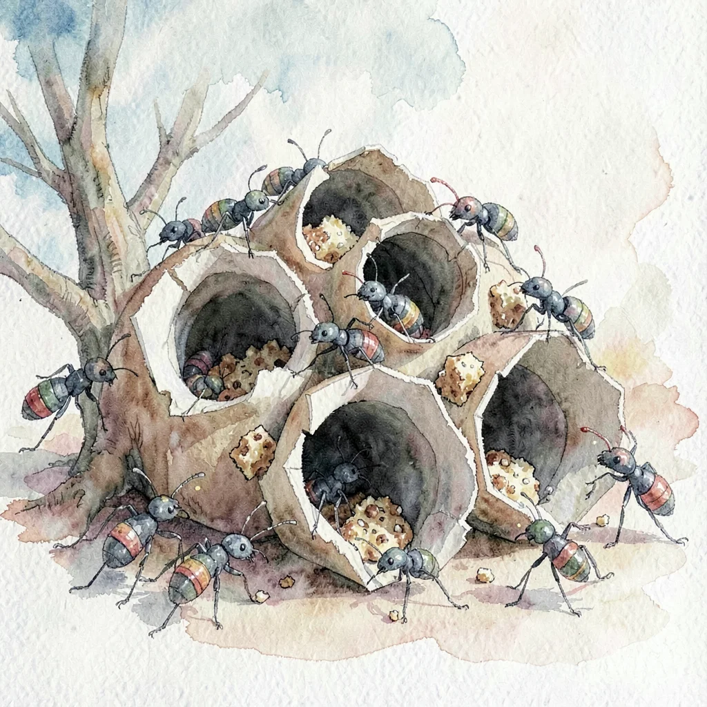A pop-up paper ant-colony with torn-paper tunnels and crayon ants carrying crumb