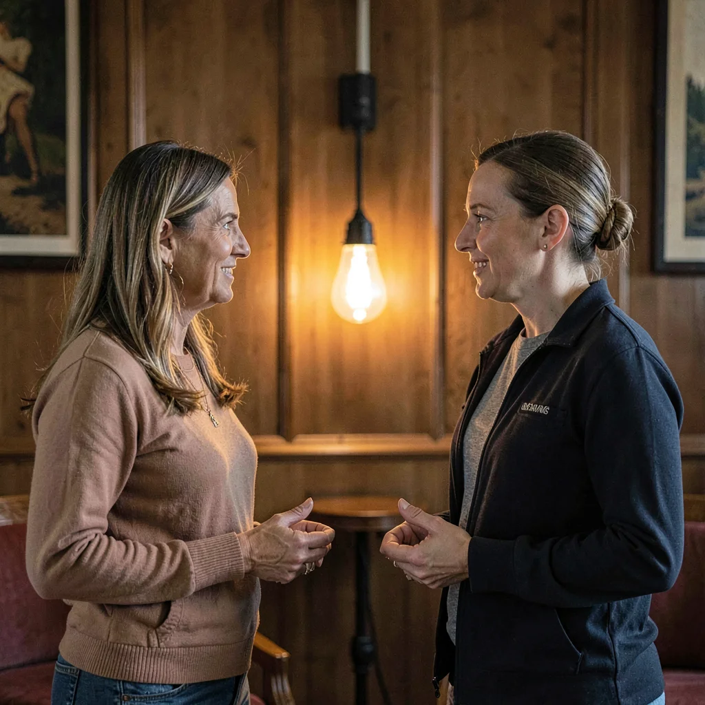 Sigrid-lampline portrait of two volunteer board members in conversation at a woo