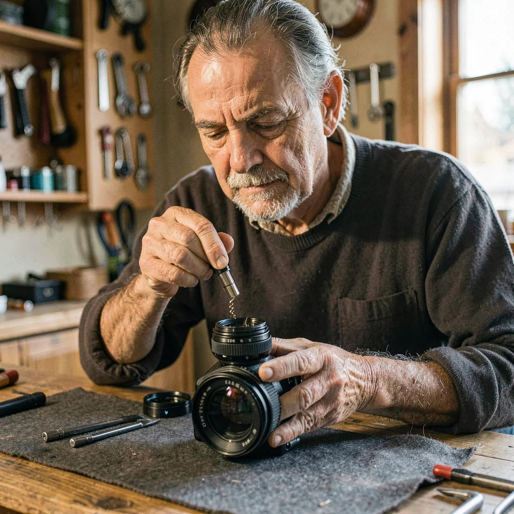 Atmospheric portrait of a shopkeeper unscrewing a lens from a body on a felt mat