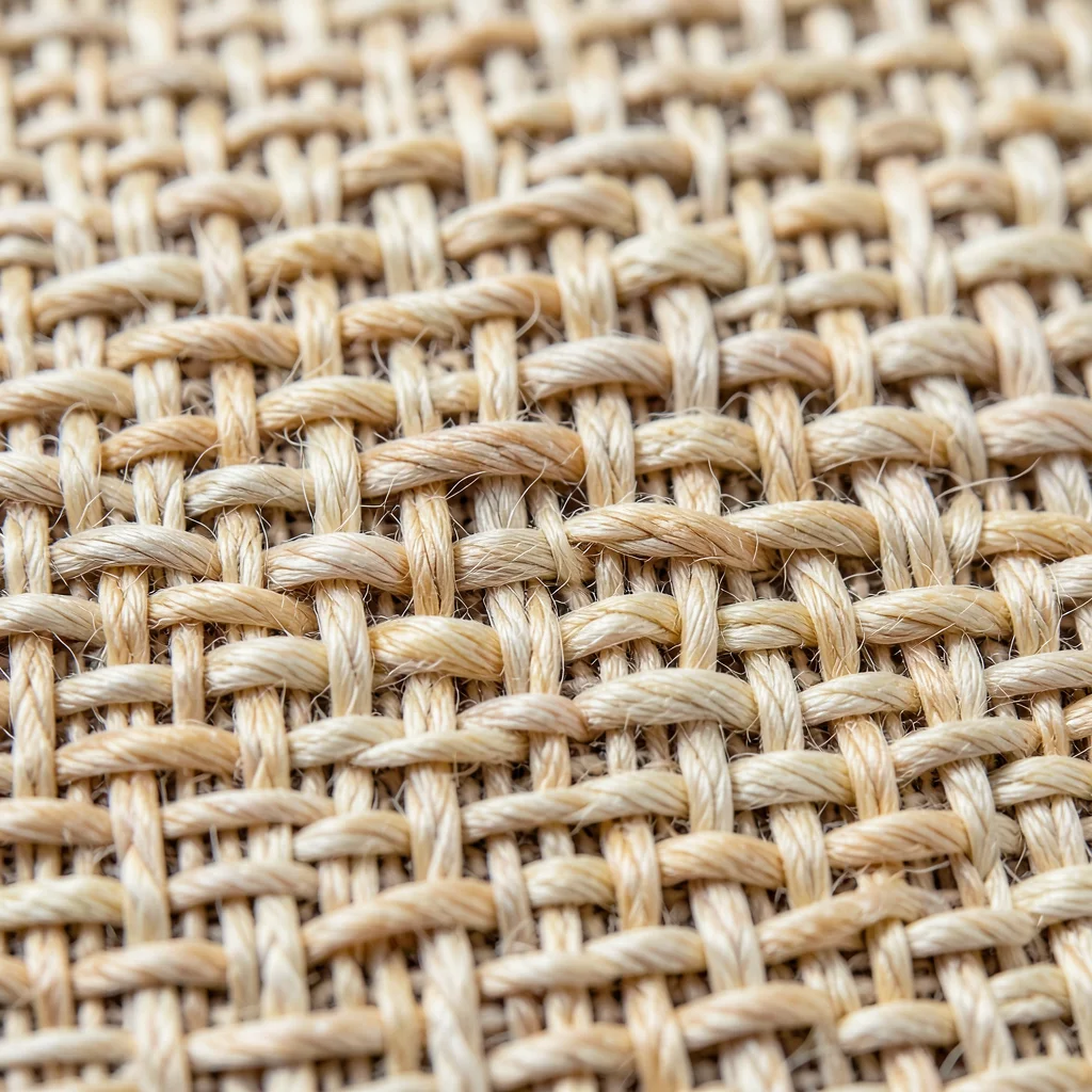 Linen plain weave extreme closeup, natural ecru flax fibers crossing at right an