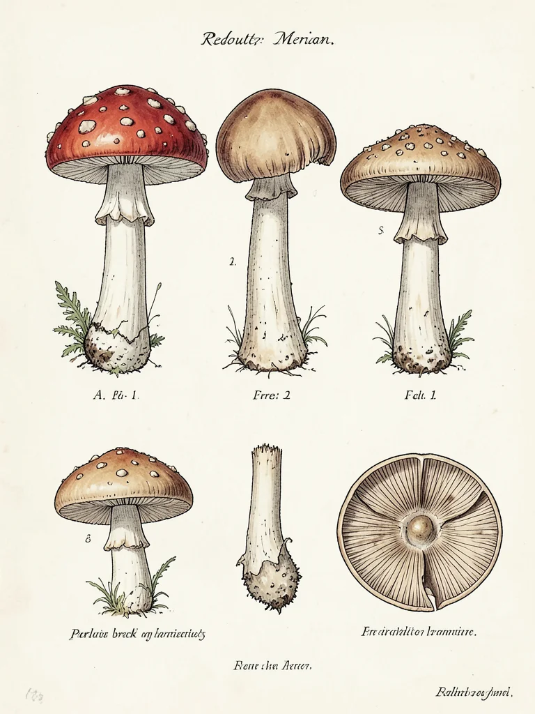 A mushroom specimen sheet: fly agaric at three growth stages (button, partial ve