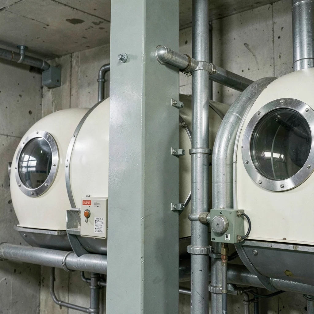 Service module detail — exposed conduit runs and junction boxes bolted to painte