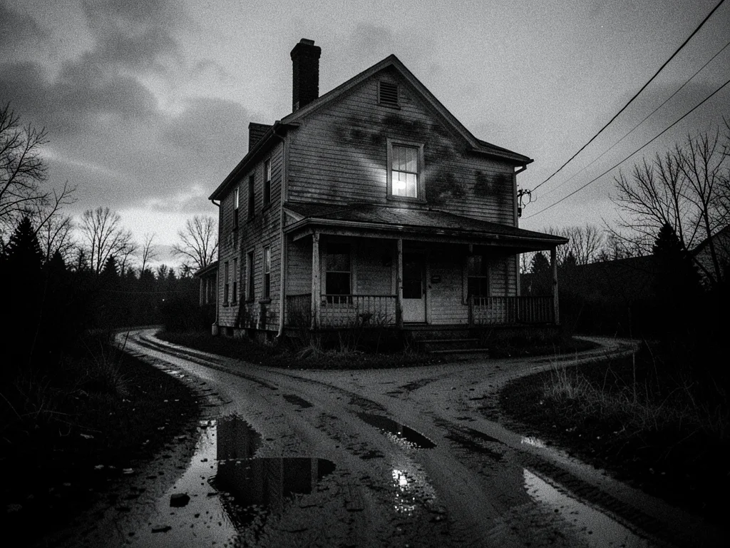 Abandoned house at end of dirt road, single light in upstairs window, twilight