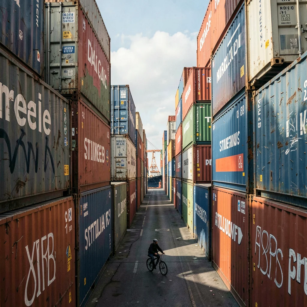 Port city documentary photograph, Stacked shipping containers creating a canyon 