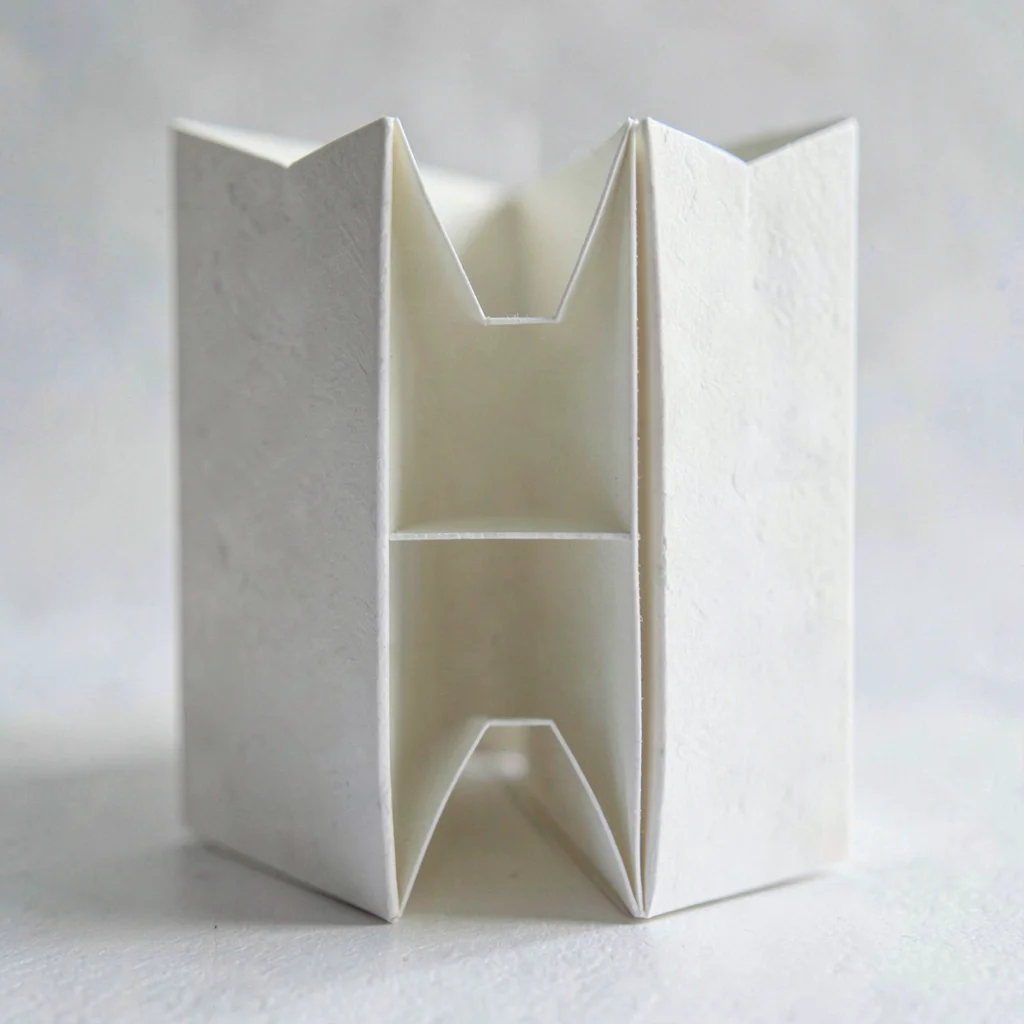 Vertical macro of a paper accordion file divided into five compartments