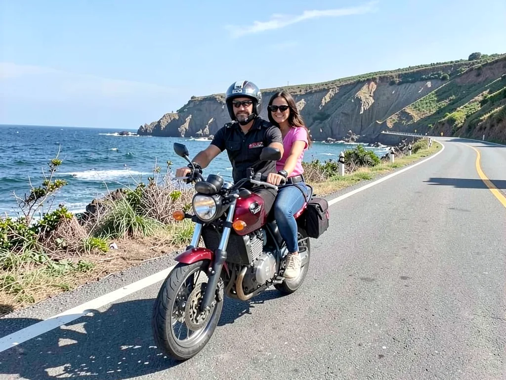 Couple on motorbike on coastal road