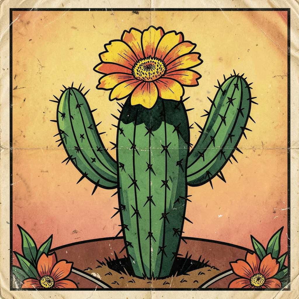 Mexican lotería card illustration, a cactus with a single bright flower blooming