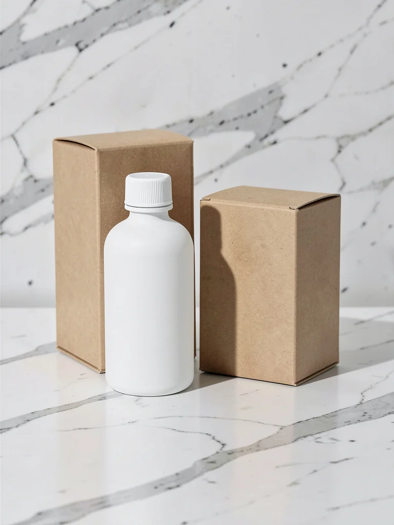 White bottle and kraft box pairing on marble