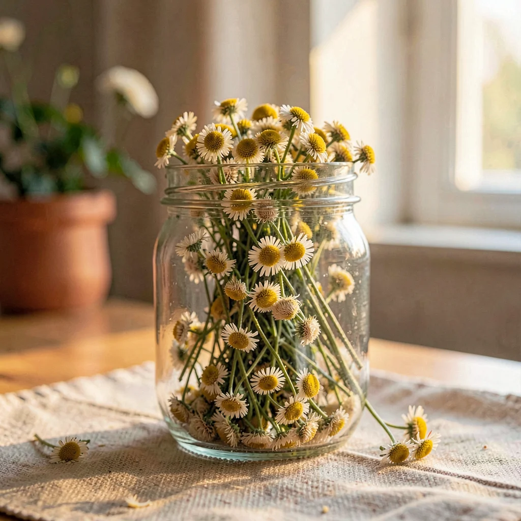 warm still-life of a glass jar of dried chamomile flowers, soft warm light
