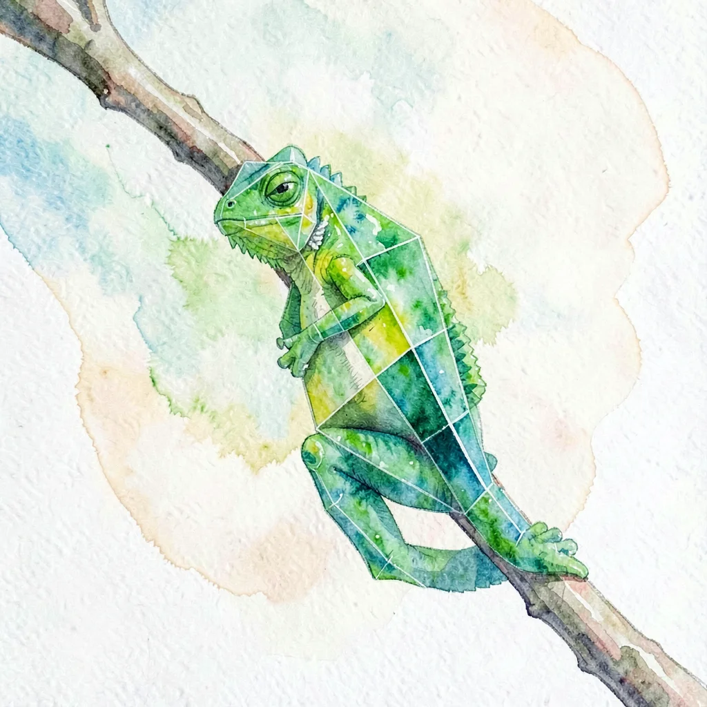 Bright peridot lowpoly chameleon clinging to a faceted twig with green internal 