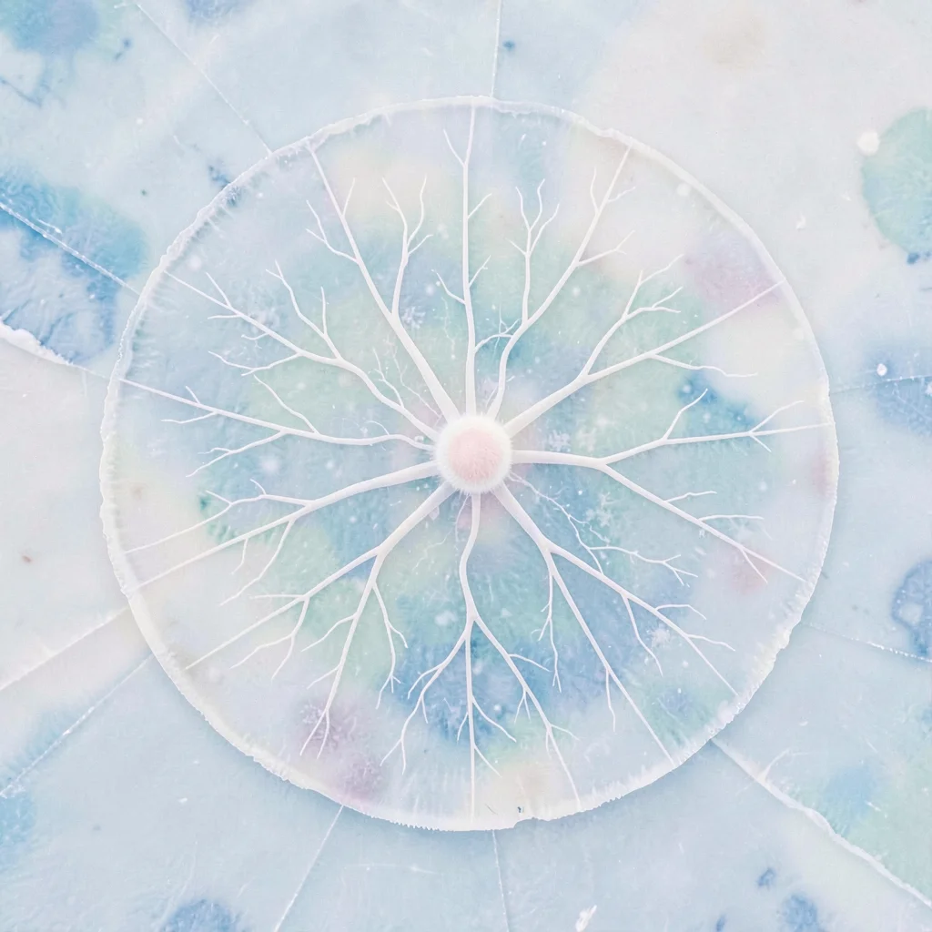Dendrite spread radiating from a central nucleus across pale ice plate, faint me