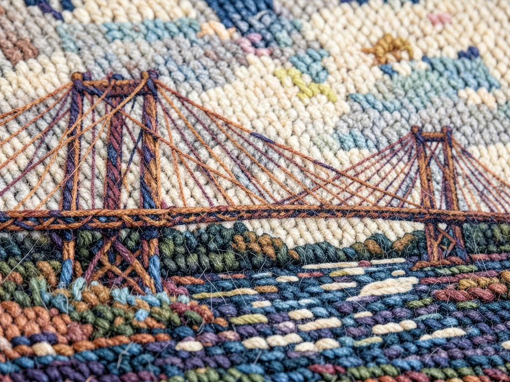 A suspension bridge spanning a river, the cables depicted as pulled yarn fibers