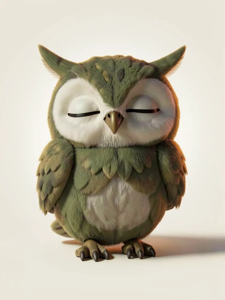 Soft owl-spirit mid-yawn with beak slightly open and eyes squeezed gently shut i