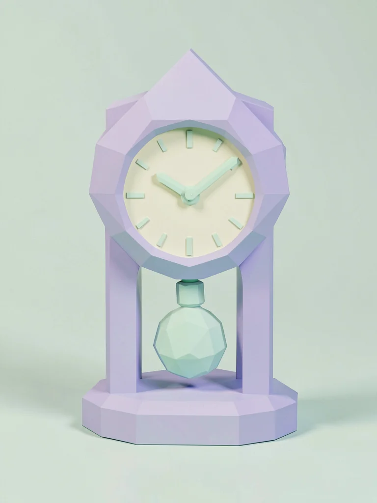Pendulum lavender lowpoly standing clock with cream face and chunky mint hands, 