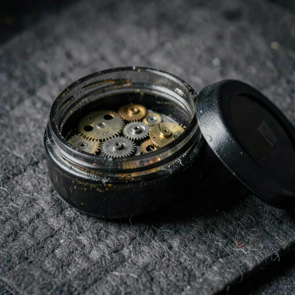 Charcoal of an open jar of mainspring coils on a felt mat