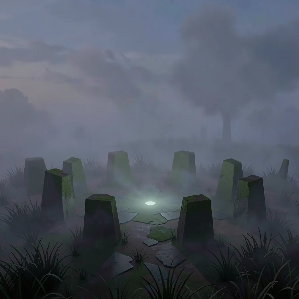 Mossy standing stones arranged in a circle on a fog-drenched moor at twilight, f
