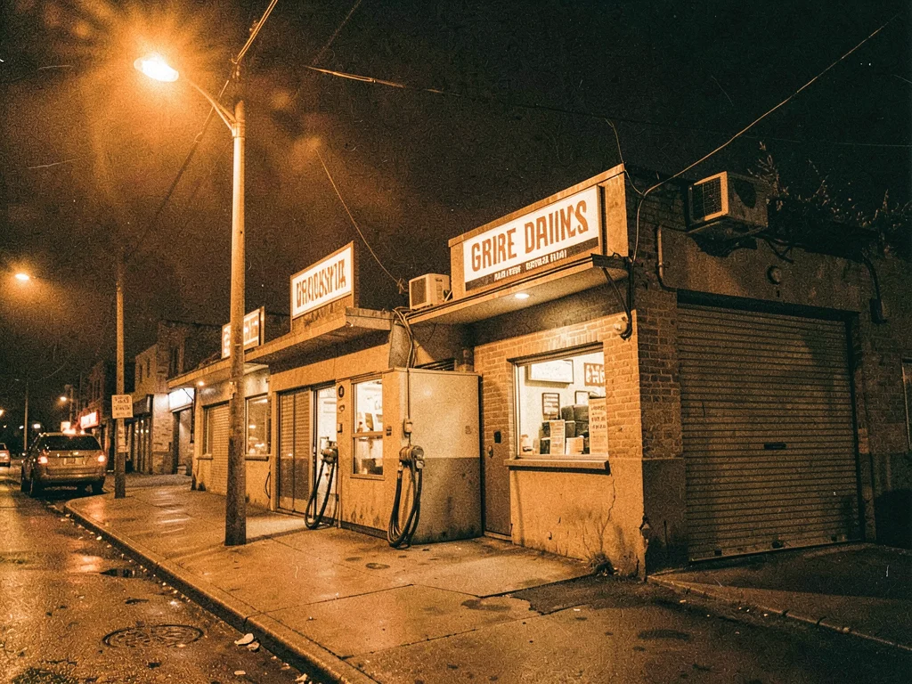 Car wash vacuum station at night, orange-lit convenience, closed for night