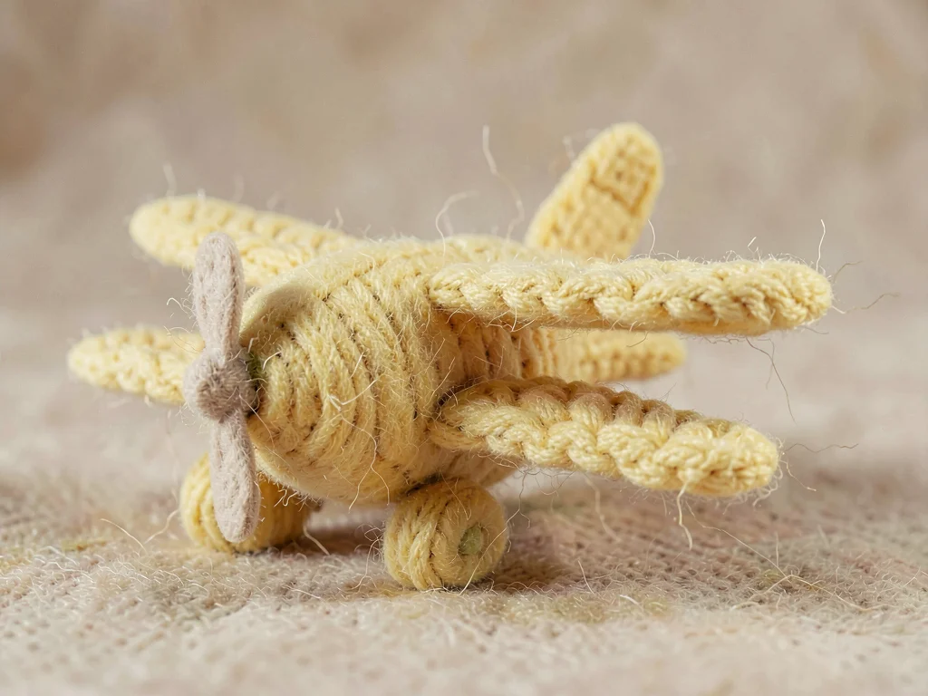Round-nosed butter-yellow knit airplane with cable-knit wings and a felted prope