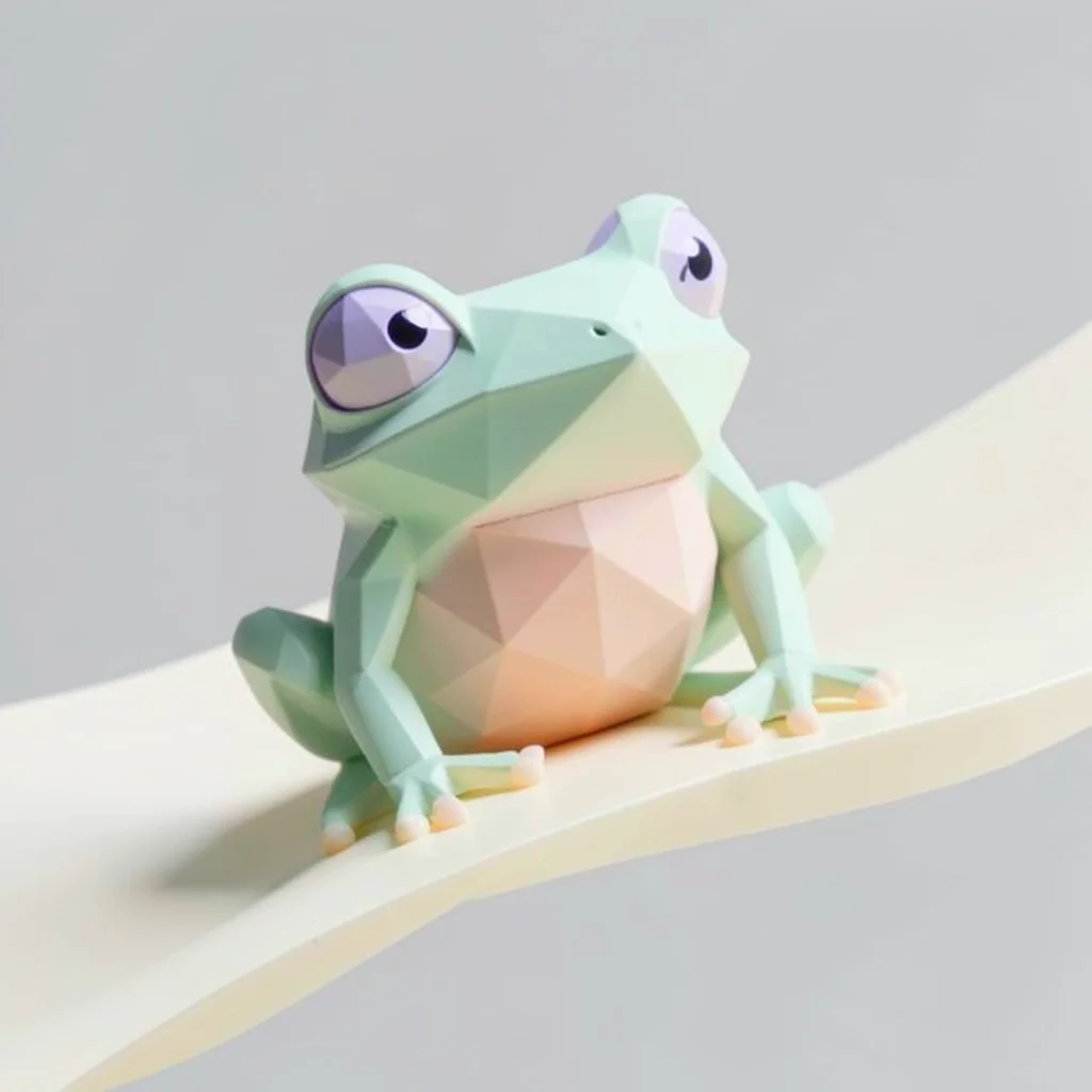 Mid-leap mint-green lowpoly frog with peach belly facets and tiny lavender eyes,