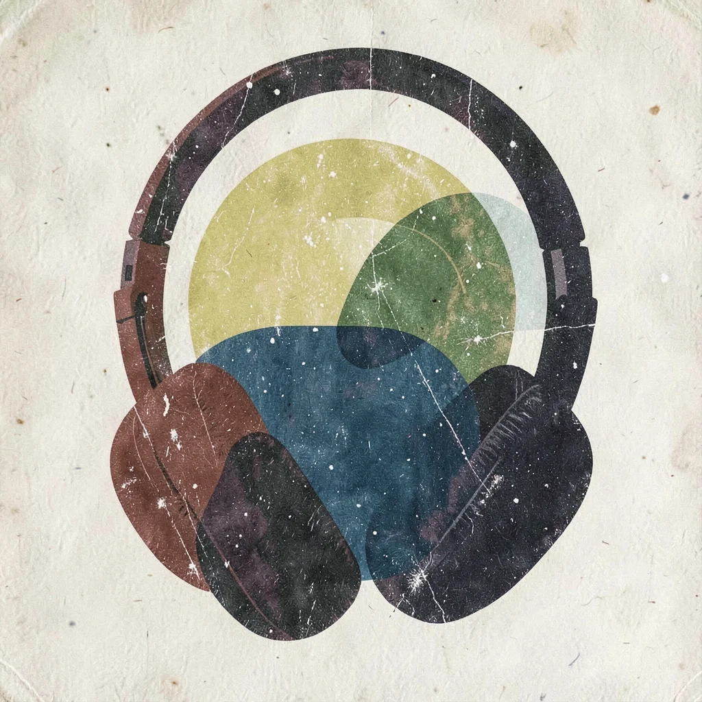 Screenprint of stacked headphone silhouettes overlapping in three colors with gr