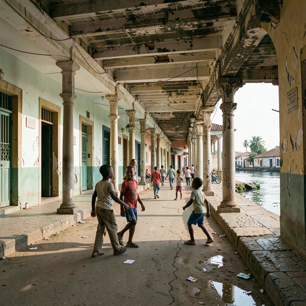 Soft morning light on faded colonial pastels, Saint-Louis Senegal, Children play