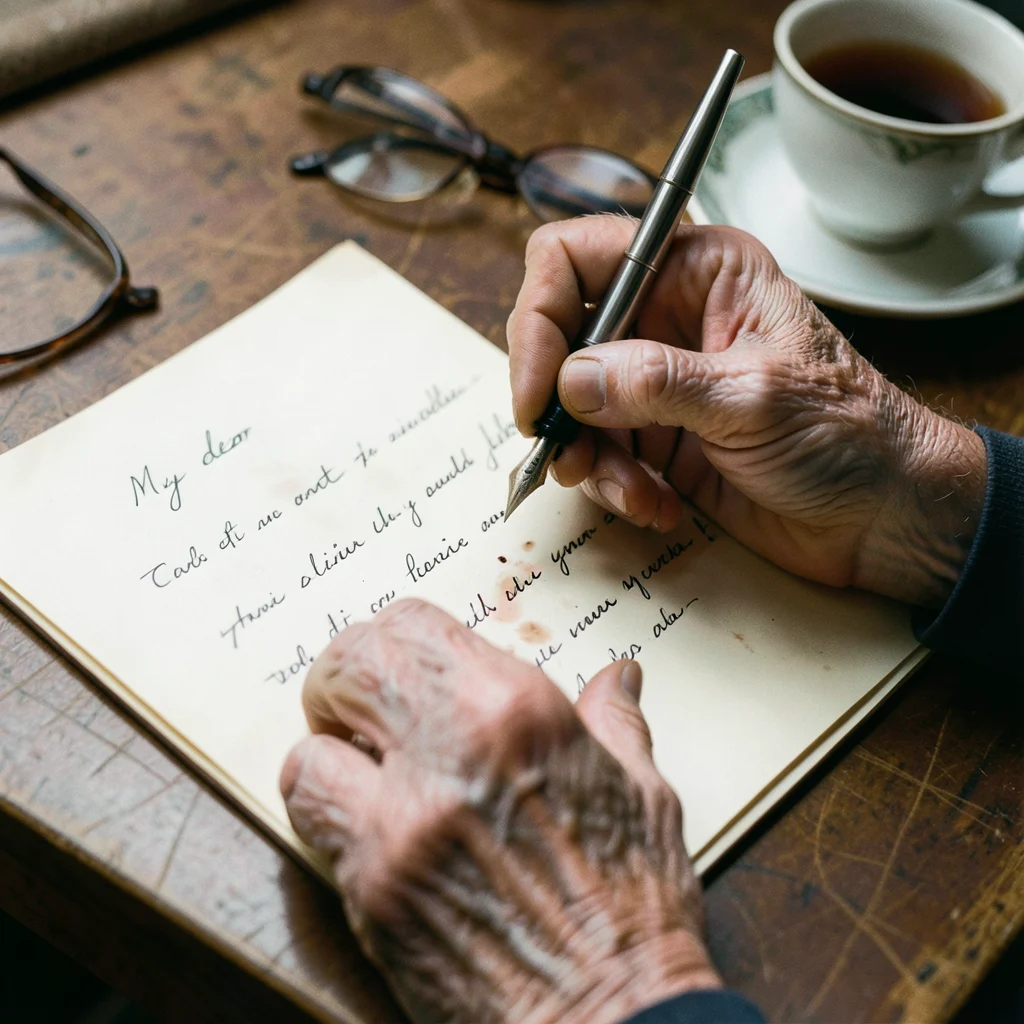 Close-up of elderly hands writing a letter with a fountain pen on cream statione