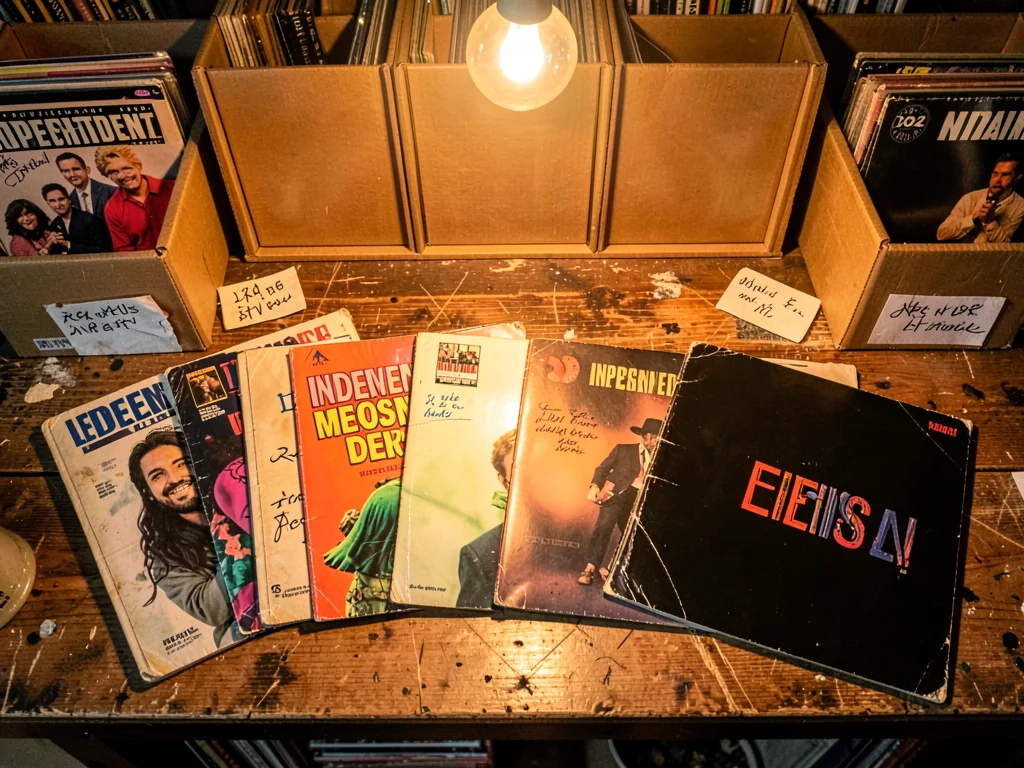 Records fanned on counter — overhead