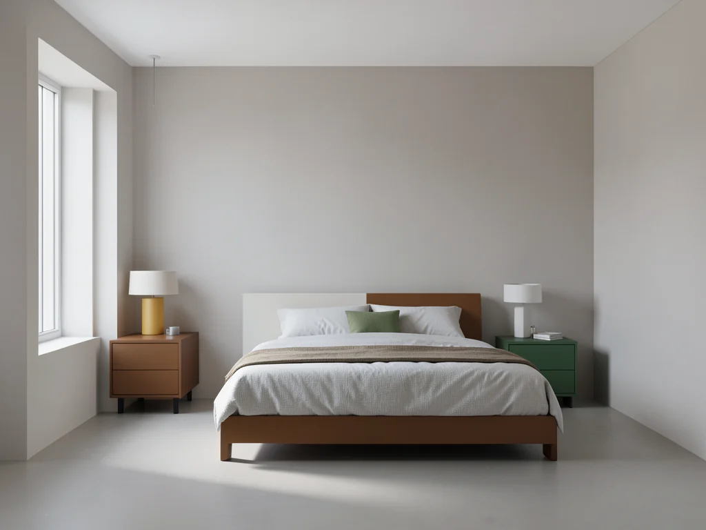 Bedroom in Bauhaus style, furniture as basic geometric forms, primary color acce