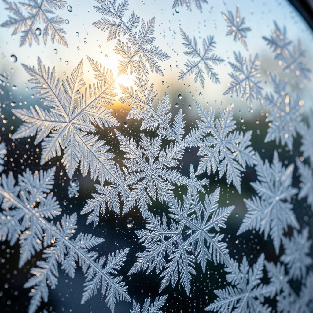 Breath condensation freezing on a car window, the droplets caught mid-transition