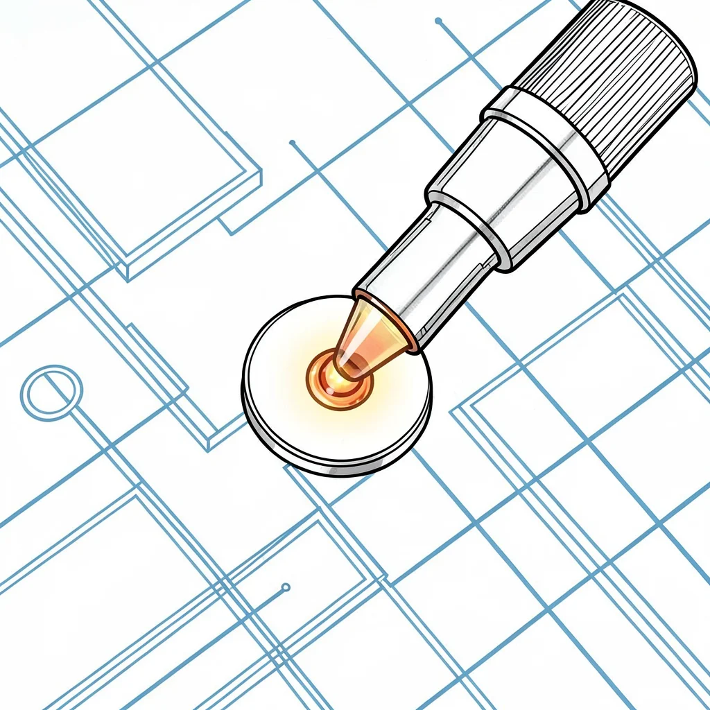 Technical-illustration top-down of a soldering-iron tip touching a single PCB pa