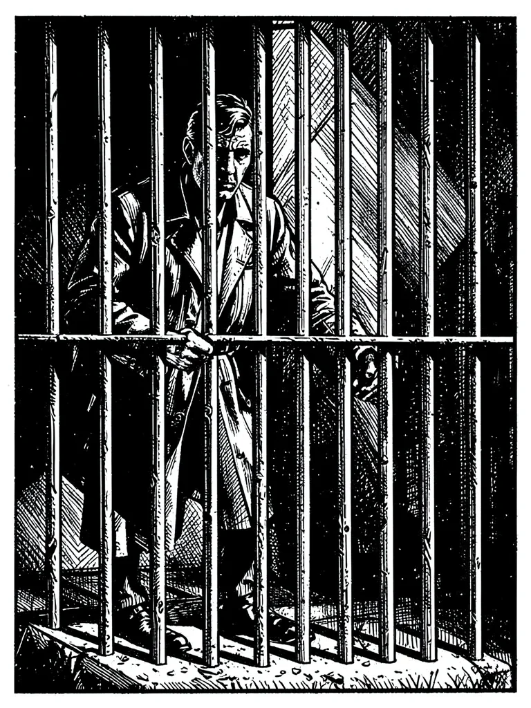 Prison gate as harsh vertical bars, figure standing behind
