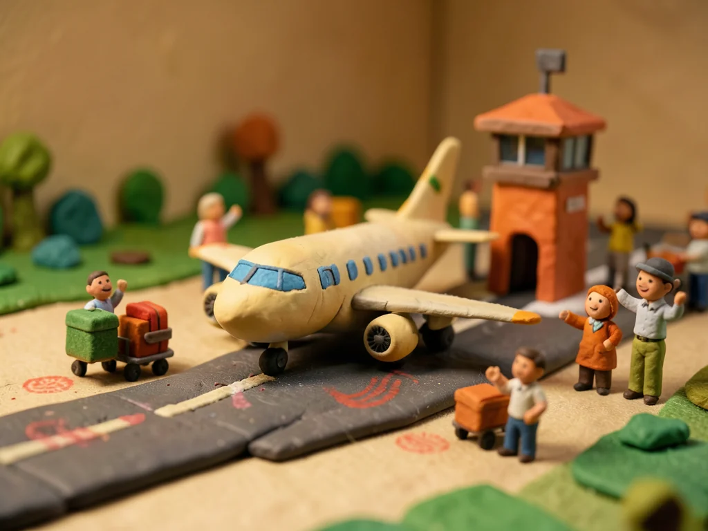A miniature clay airport: a clay plane on a runway, a tiny control tower, luggag