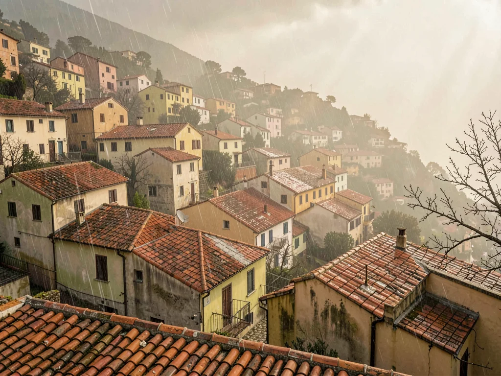 Across-valley view of a hill town partially veiled in passing rain shower, terra