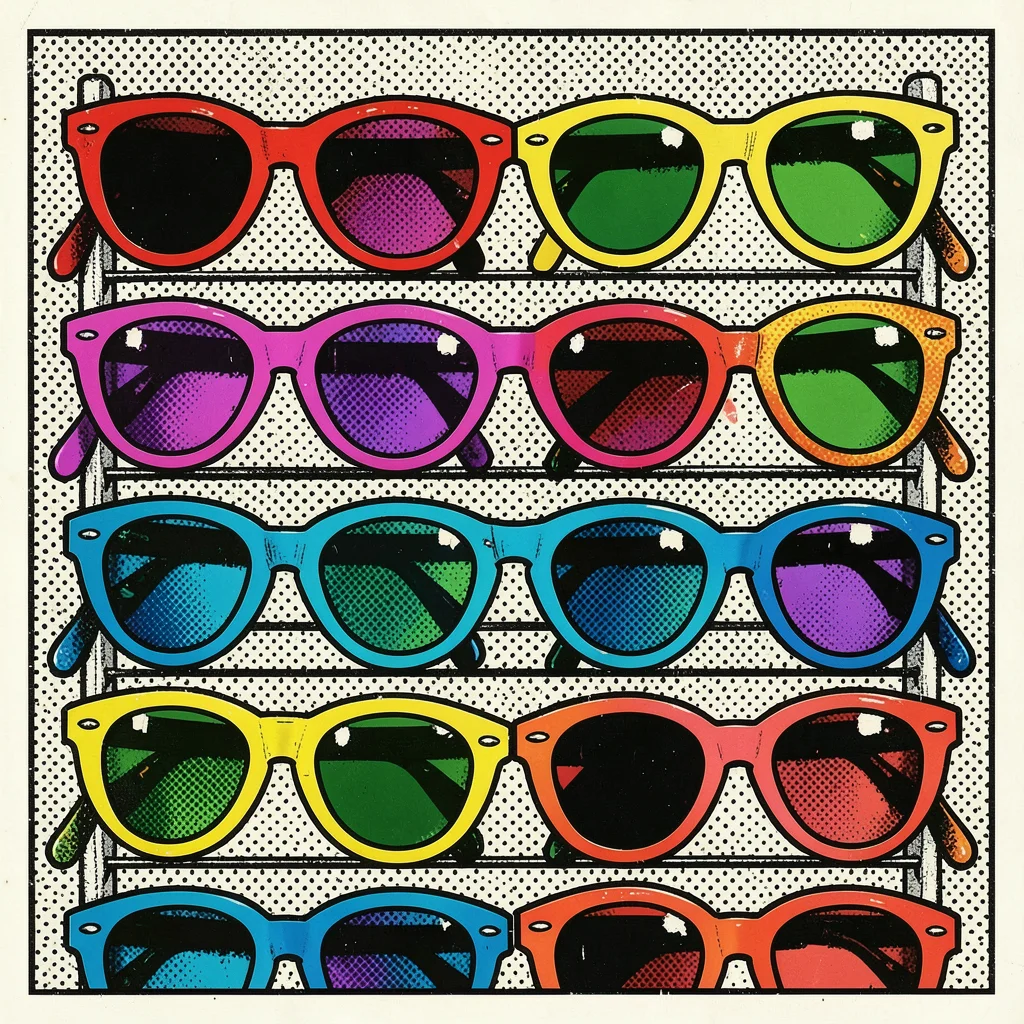 Rows of sunglasses on a rack, each pair a different primary color