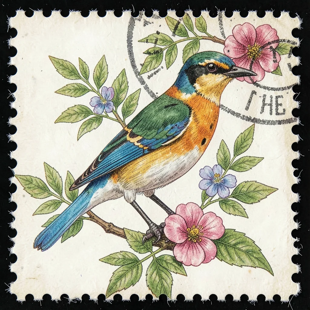 Postage stamp illustration, State bird and flower combination , tiny perfect com